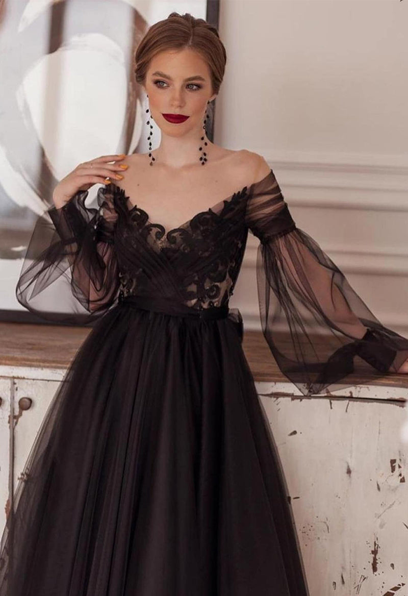 Gothic V-neck Puff Sleeve Open Back Wedding Dress