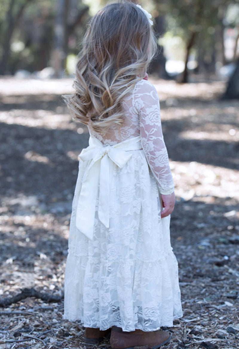 Satin Lace Scoop Neck Long Sleeve Lace-Up Flower Girl Dress