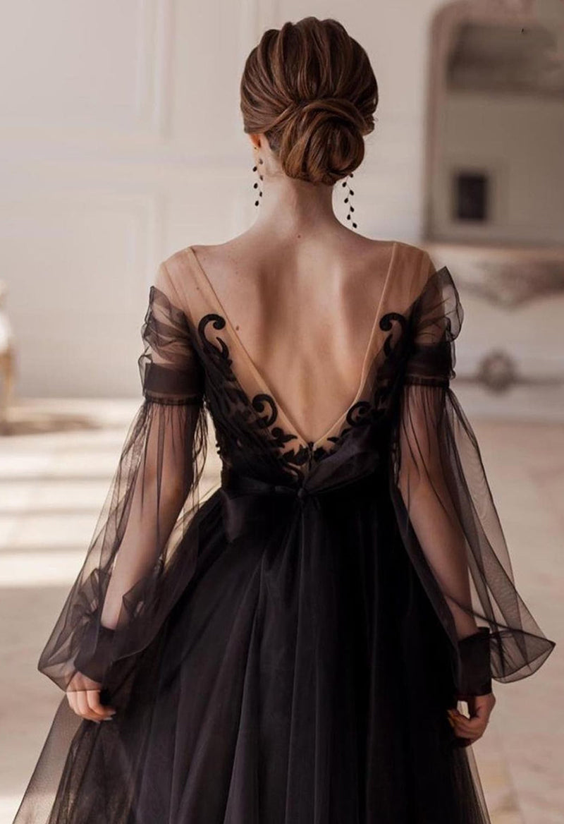 Gothic V-neck Puff Sleeve Open Back Wedding Dress