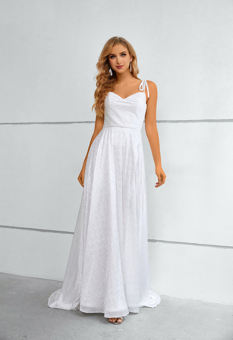 V Neck Knitted Printed Sleeveless Slit Sweep Length Evening Dress White