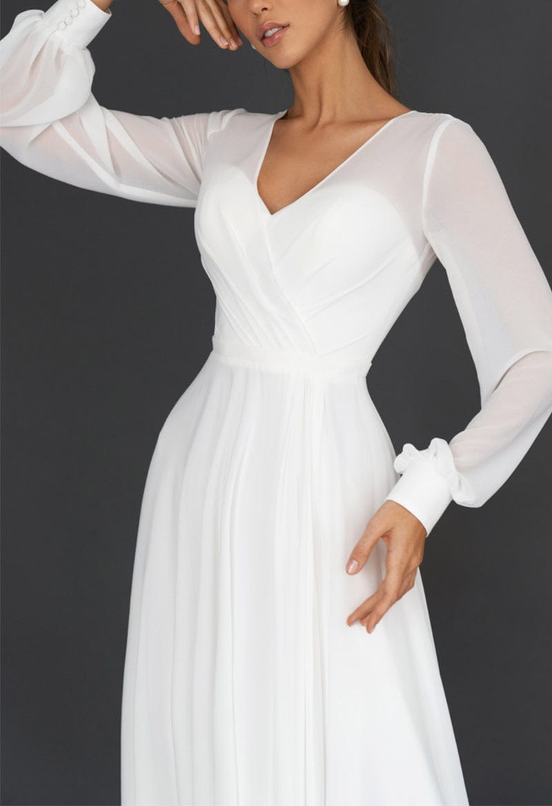 Tea Length A-Line Long Sleeve V-Neck Pleated Chiffon Wedding Dresse