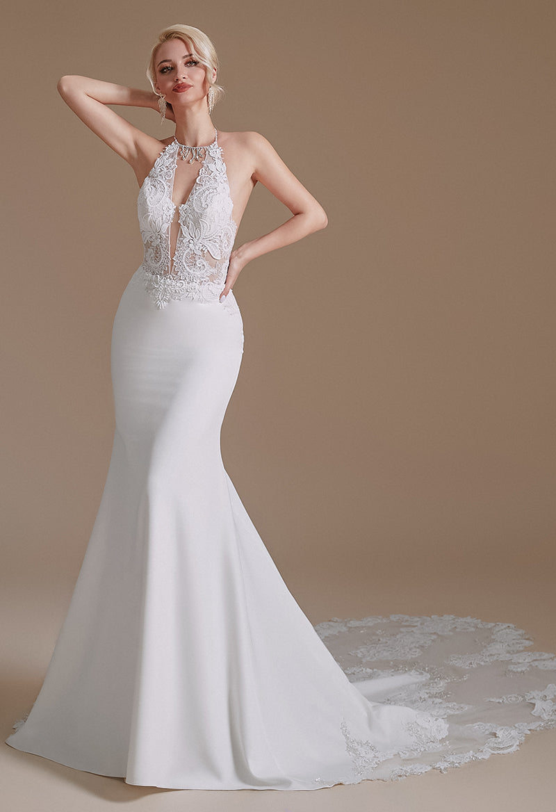 Deep V Neck Halter Neck Crep Open Back Sleeveless Sexy Wedding Dress