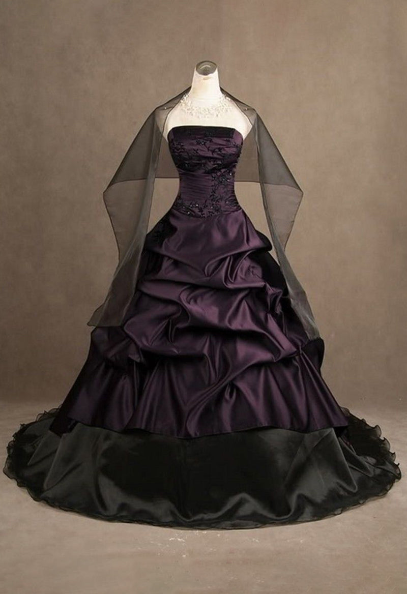 Gothic Taffeta Black and Purple Ruffles Wedding Dresse Black