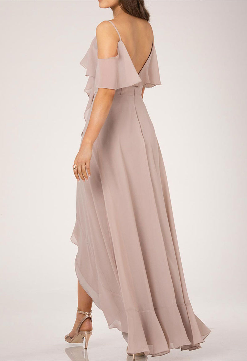 Elegant Ruffled High And Low Short Sleeve Bridesmaid Dress