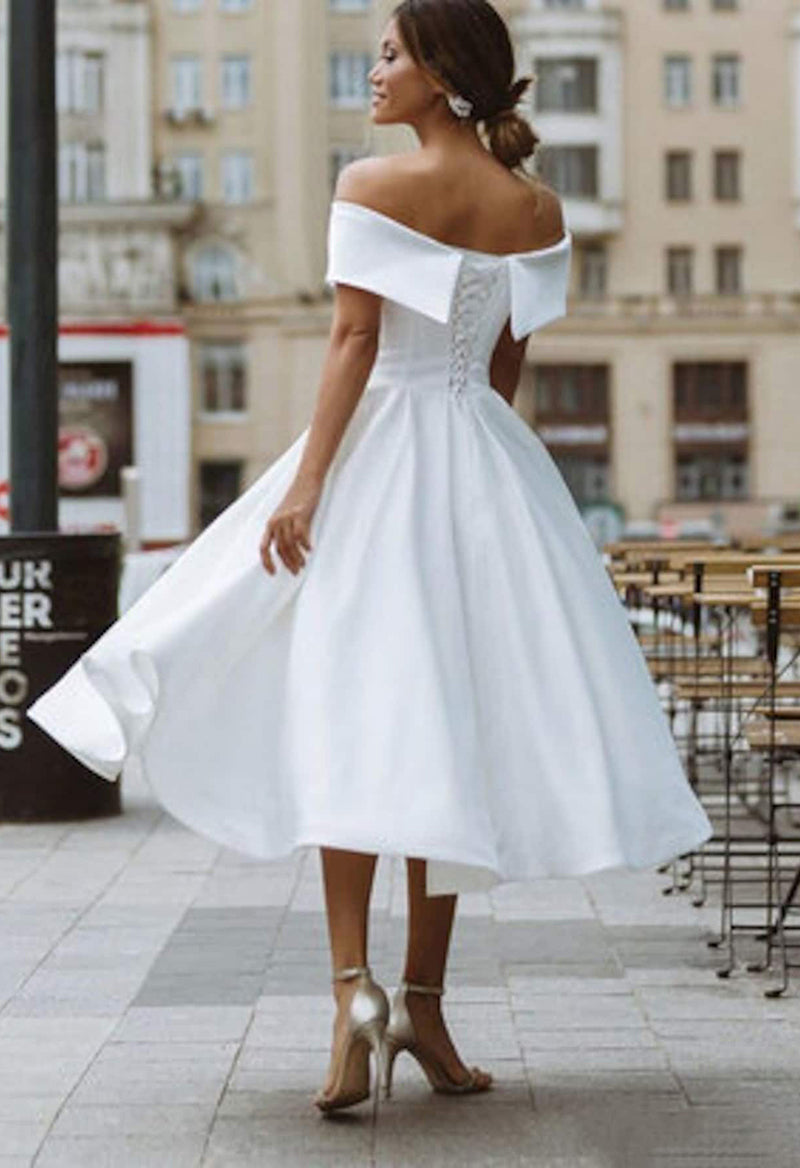 Simple V-Neck Short Sleeve Pleated Wedding Dress