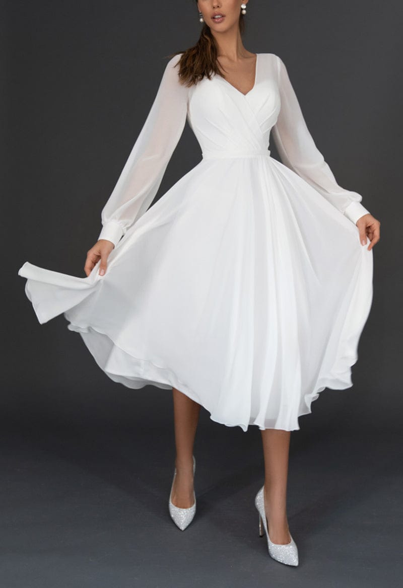 Tea Length A-Line Long Sleeve V-Neck Pleated Chiffon Wedding Dresse