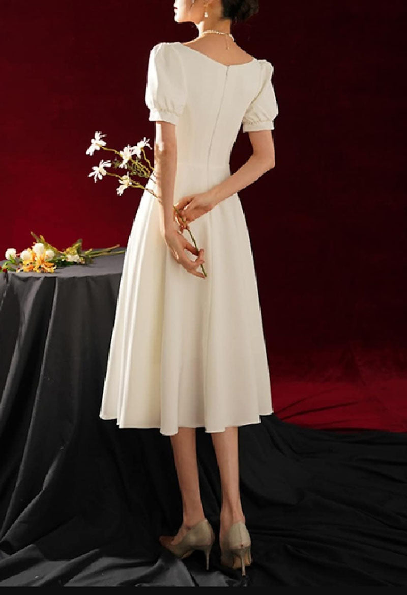 A-Line Short Sleeve Square Neck Pleated Bead Wedding Dress