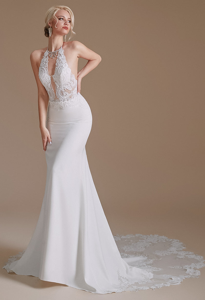 Deep V Neck Halter Neck Crep Open Back Sleeveless Sexy Wedding Dress