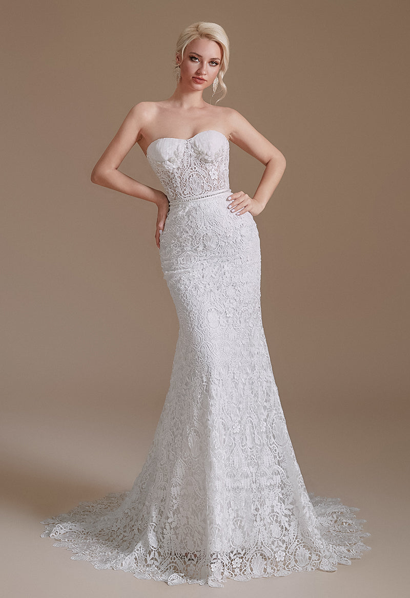 Sweetheart Neck Detachable Sleeves Lace Sweep Train Backless Wedding Dress