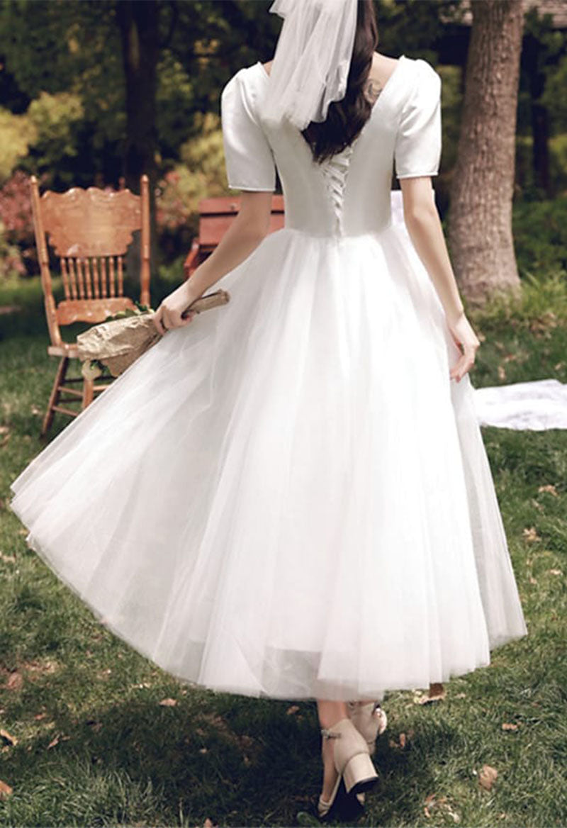 Tea Length A-Line Short Sleeve Square Neck Satin Wedding Dress