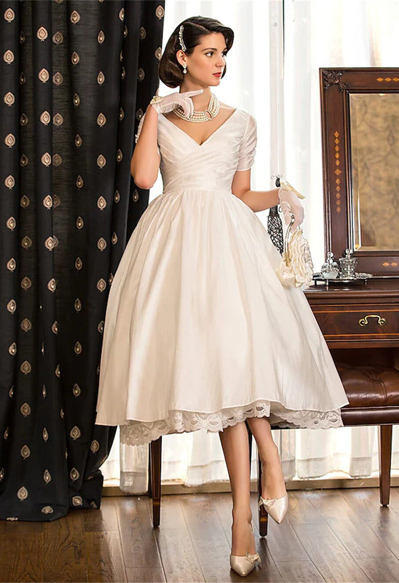 Tea Length A-Line Short Sleeve V Neck Lace Criss Cross Wedding Dress