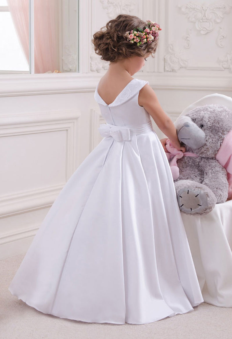 Satin Sleeveless Jewel Neck Rhinestone Flower Girl Dress