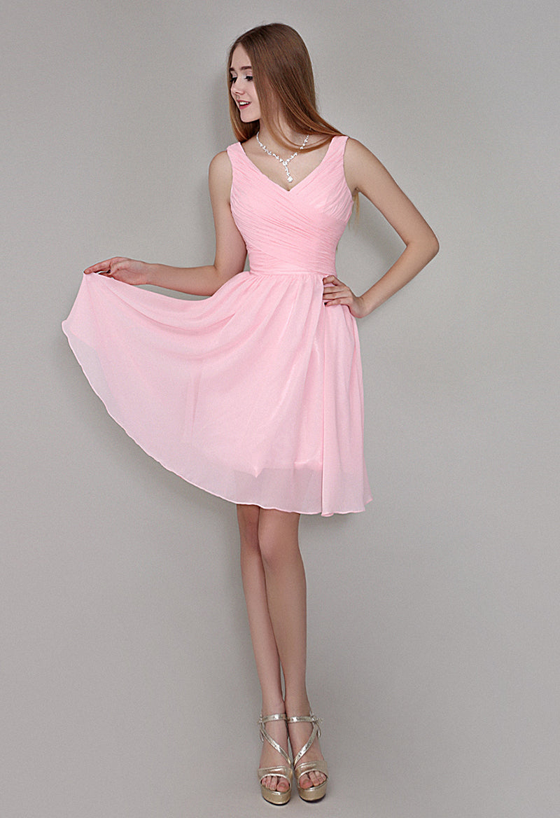 Sleeveless Knee Length Pleated V Neck Bridesmaid Dress As Picture