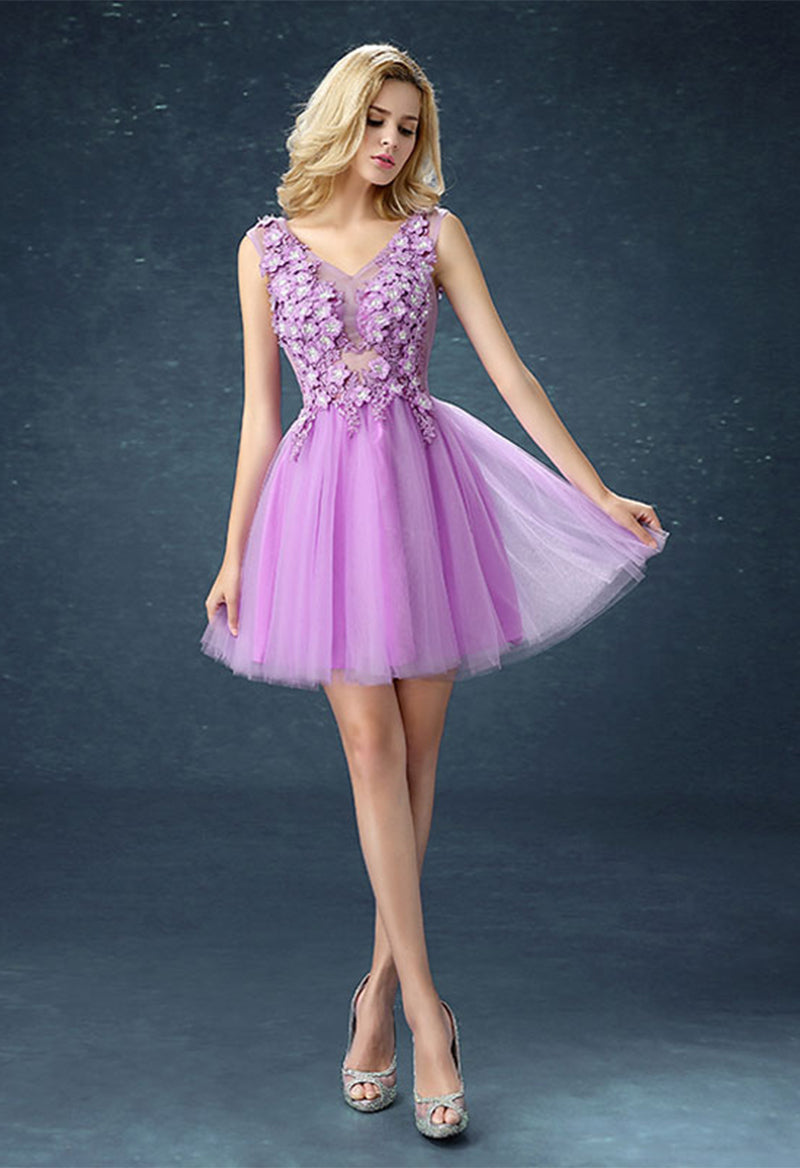 V Neck Tulle Floral Key Hole Sleeveless Prom Dress As Picture