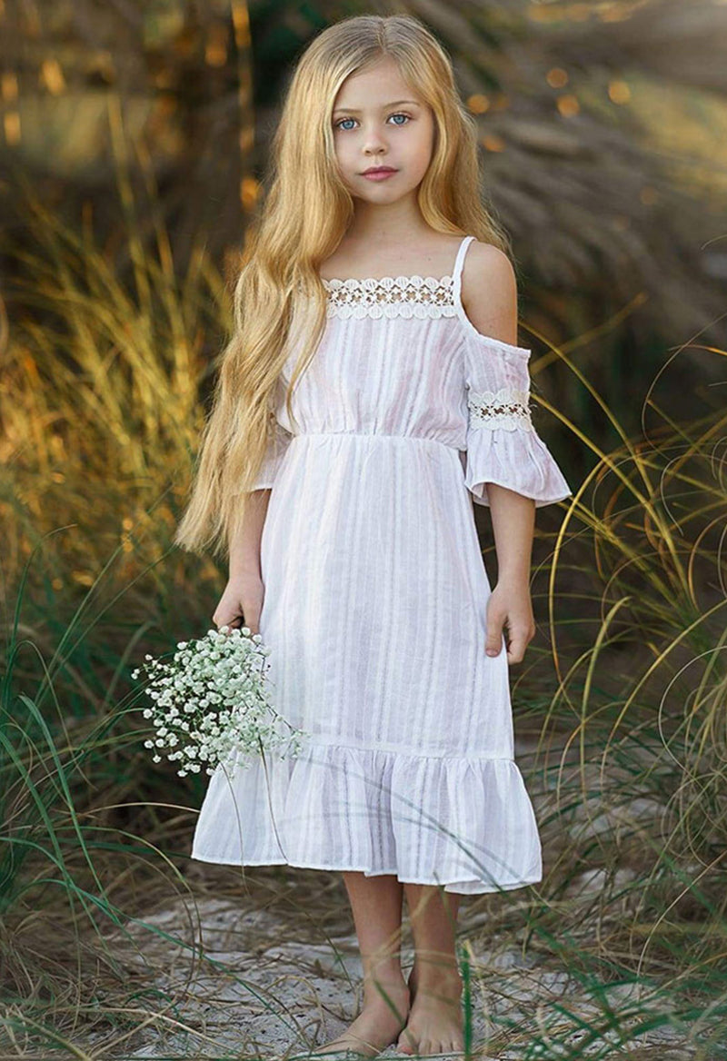 Jewel Neck Cotton Blend Cut Out Long Sleeve Flower Girl Dress As Picture