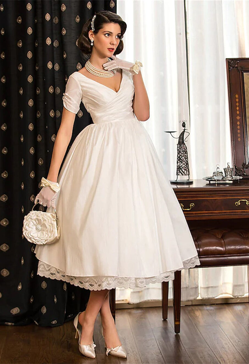 Tea Length A-Line Short Sleeve V Neck Lace Criss Cross Wedding Dress As Picture