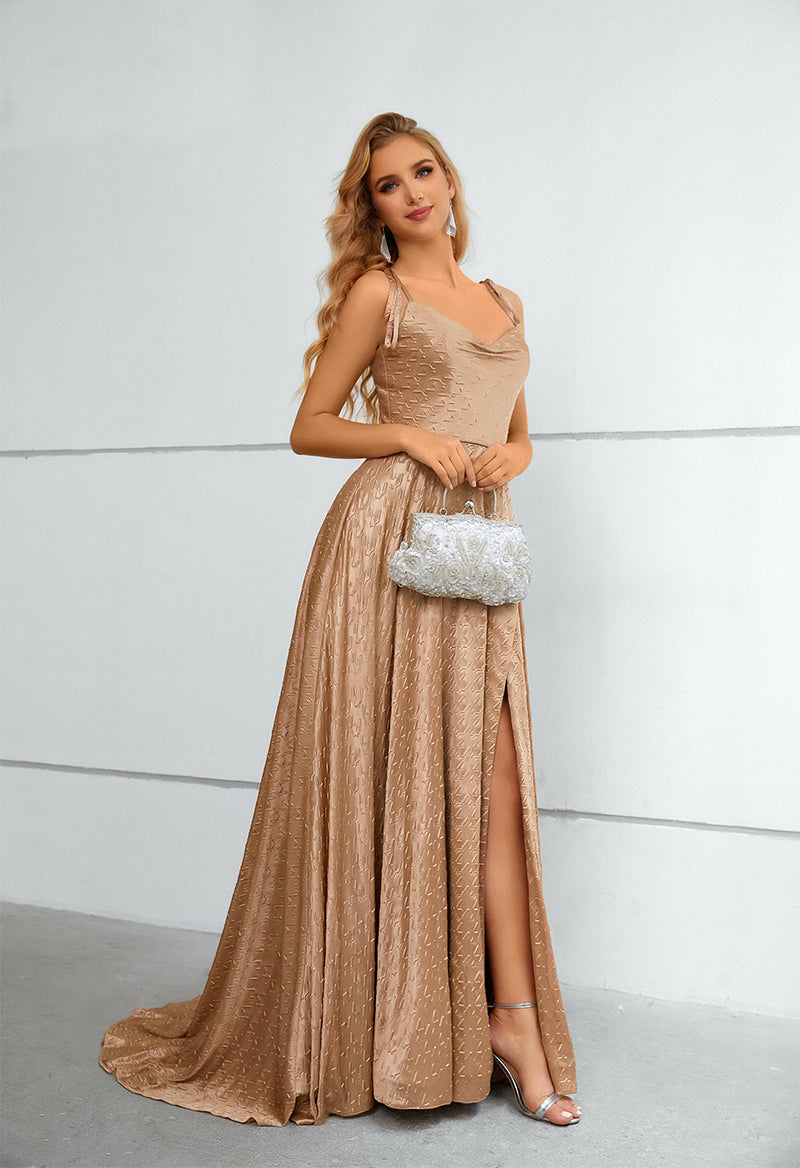 V Neck Knitted Printed Sleeveless Slit Sweep Length Evening Dress