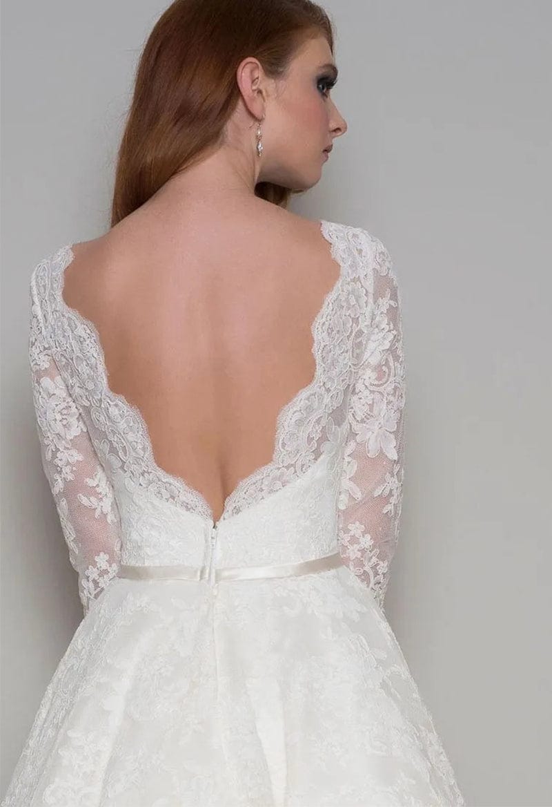 Short Illusion Lace 3/4 Sleeve Tea Length Wedding Dress