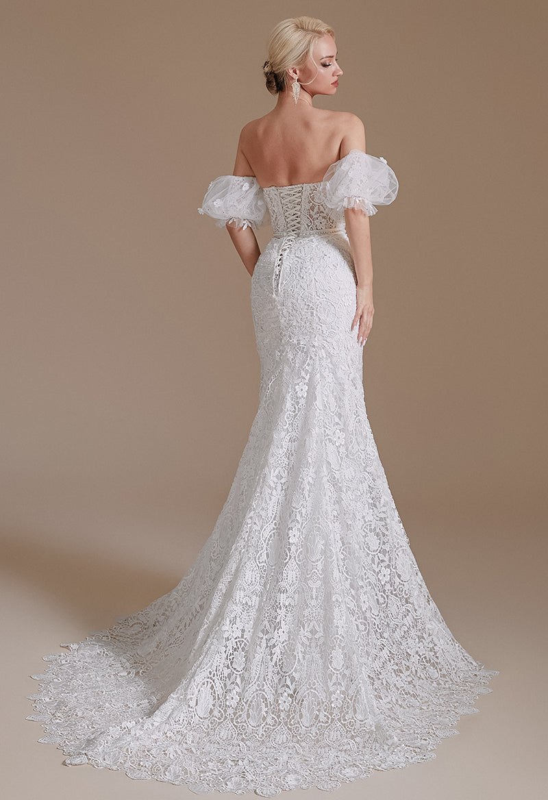 Sweetheart Neck Detachable Sleeves Lace Sweep Train Backless Wedding Dress