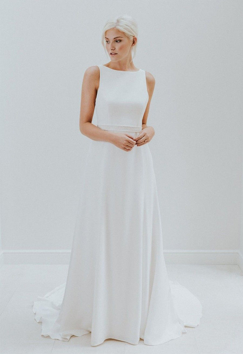 Simple Boat Neck Open Back Ivory Satin Wedding Dress As Picture