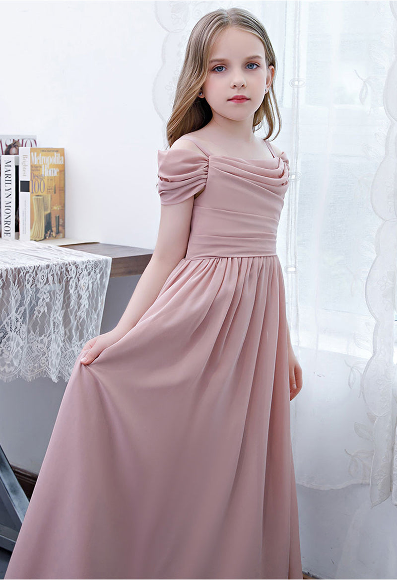 Simple Chiffon Pleated Short Sleeve Stacked Neckline Flower Girl Dress As Picture