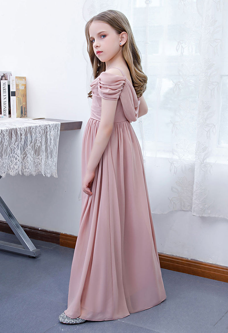 Simple Chiffon Pleated Short Sleeve Stacked Neckline Flower Girl Dress