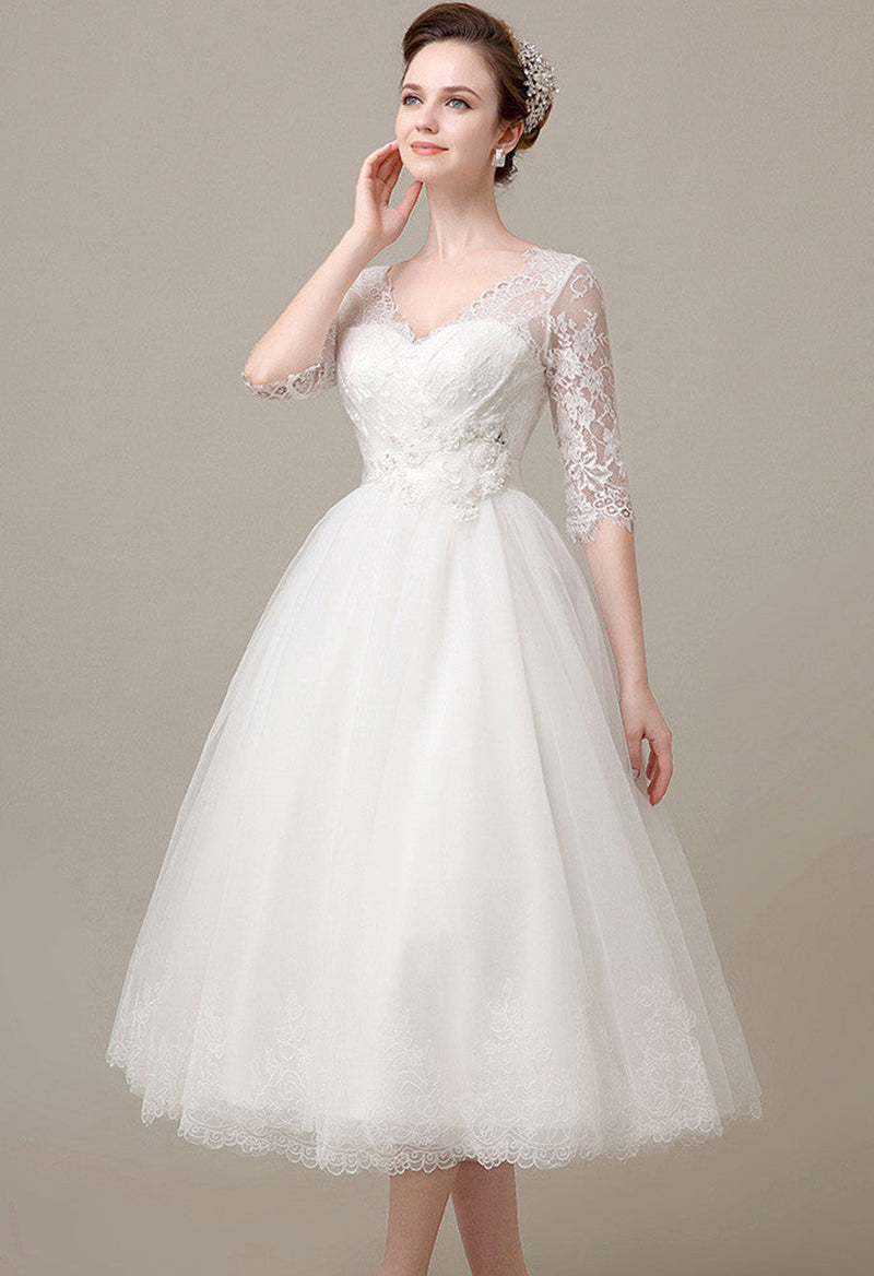 Jewel Neck Half Sleeve Open Back Tulle Wedding Dress