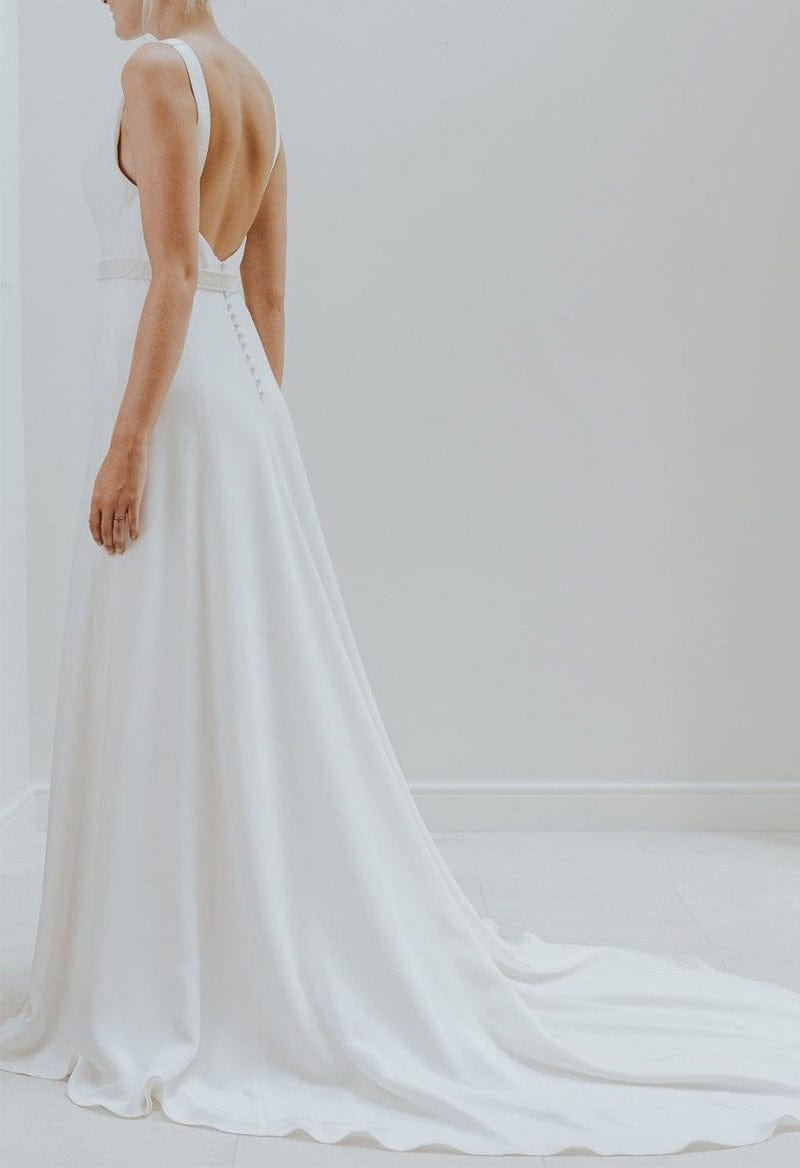 Simple Boat Neck Open Back Ivory Satin Wedding Dress