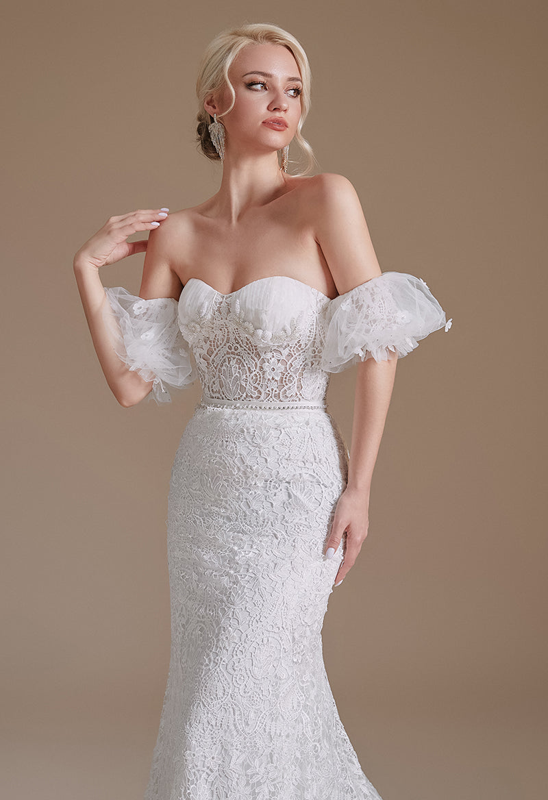 Sweetheart Neck Detachable Sleeves Lace Sweep Train Backless Wedding Dress