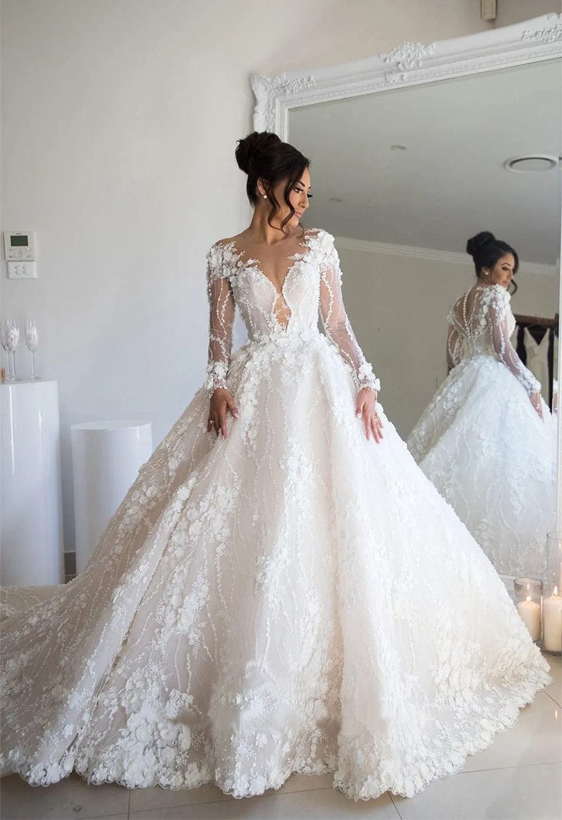 Luxury Flowers Appliqued Long Sleeve Ball Gown Wedding Dress As Picture