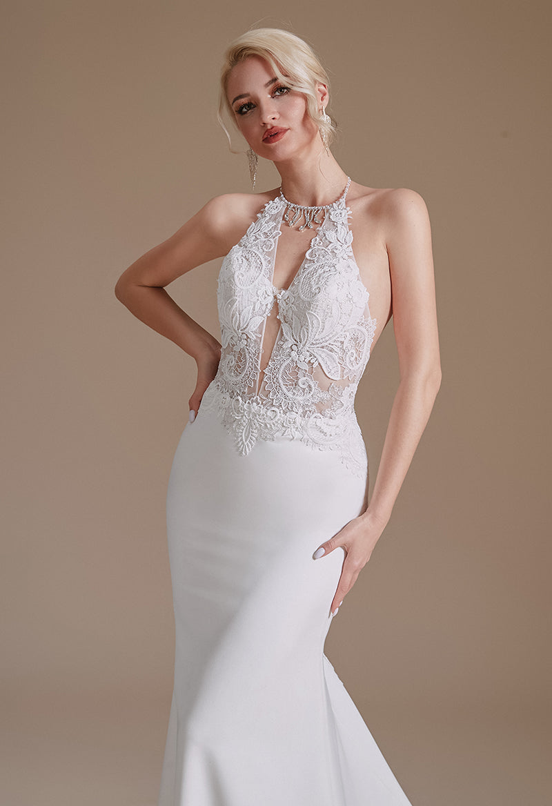 Deep V Neck Halter Neck Crep Open Back Sleeveless Sexy Wedding Dress