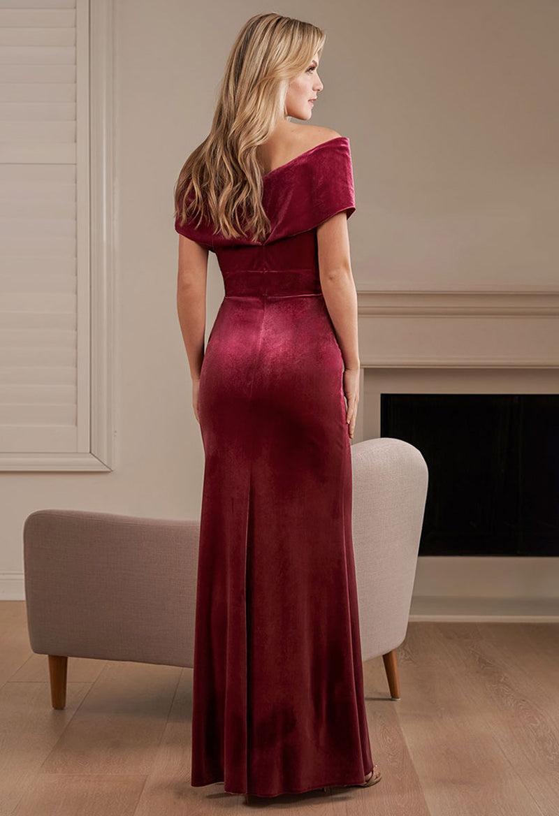 Velvet V Neck Short Sleeve Split Sheath Bridesmaid Dress