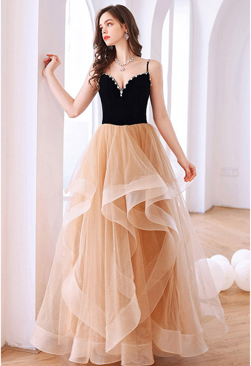 V Neck Sleeveless Organza Rhinestone Floor Length Prom Dress