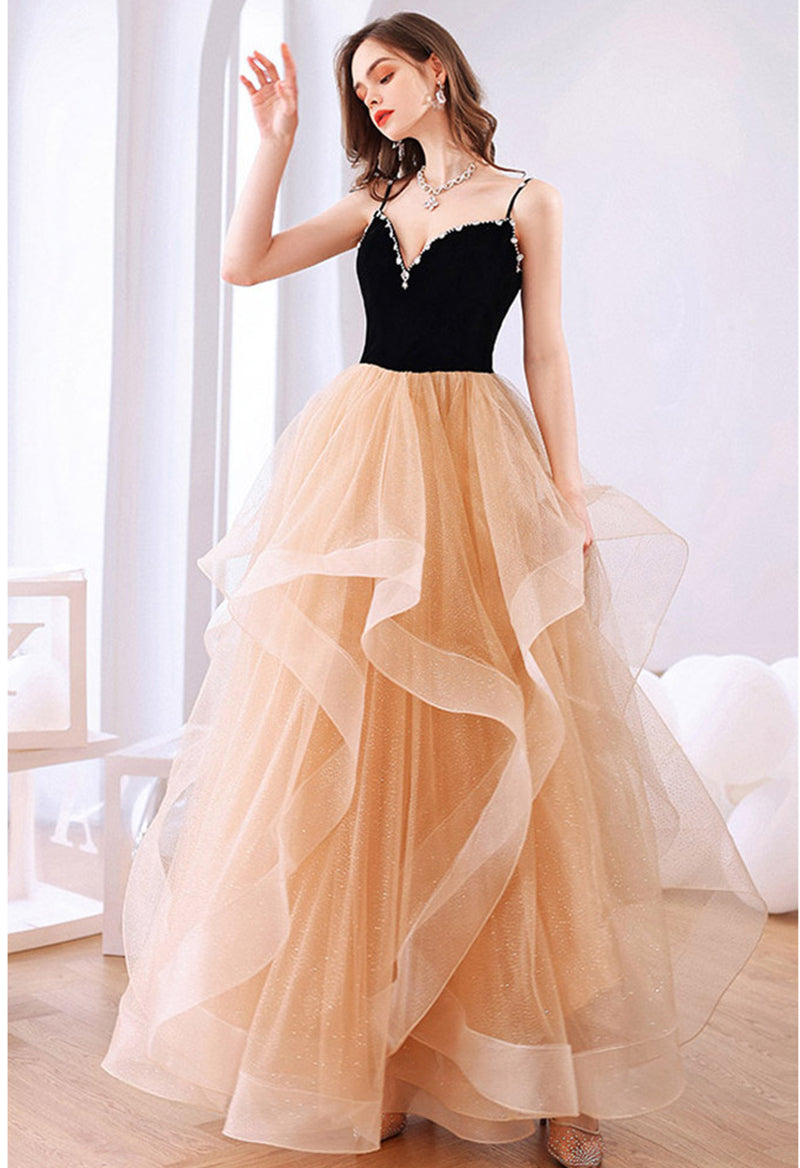 V Neck Sleeveless Organza Rhinestone Floor Length Prom Dress