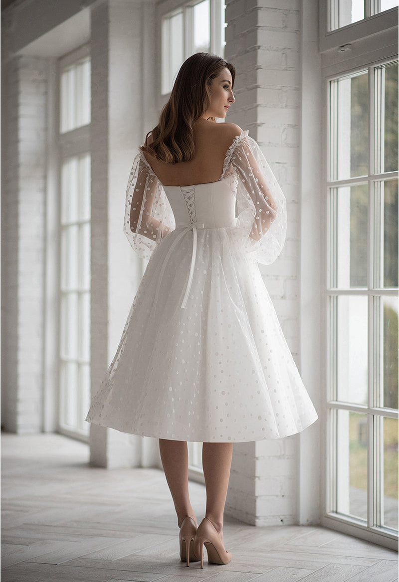 Polka Dot Puff Sleeve Off The Shoulder Wedding Dress