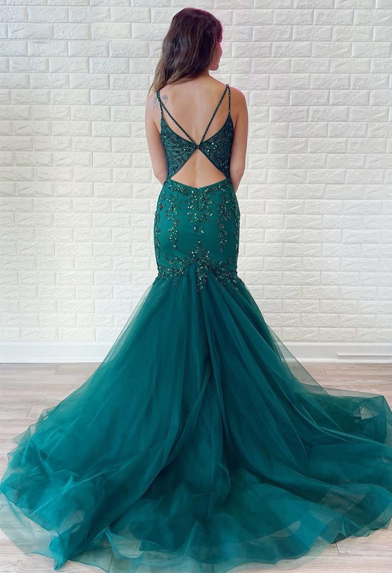 Mermaid Sleeveless Spaghetti Strap Beaded Evening Dress