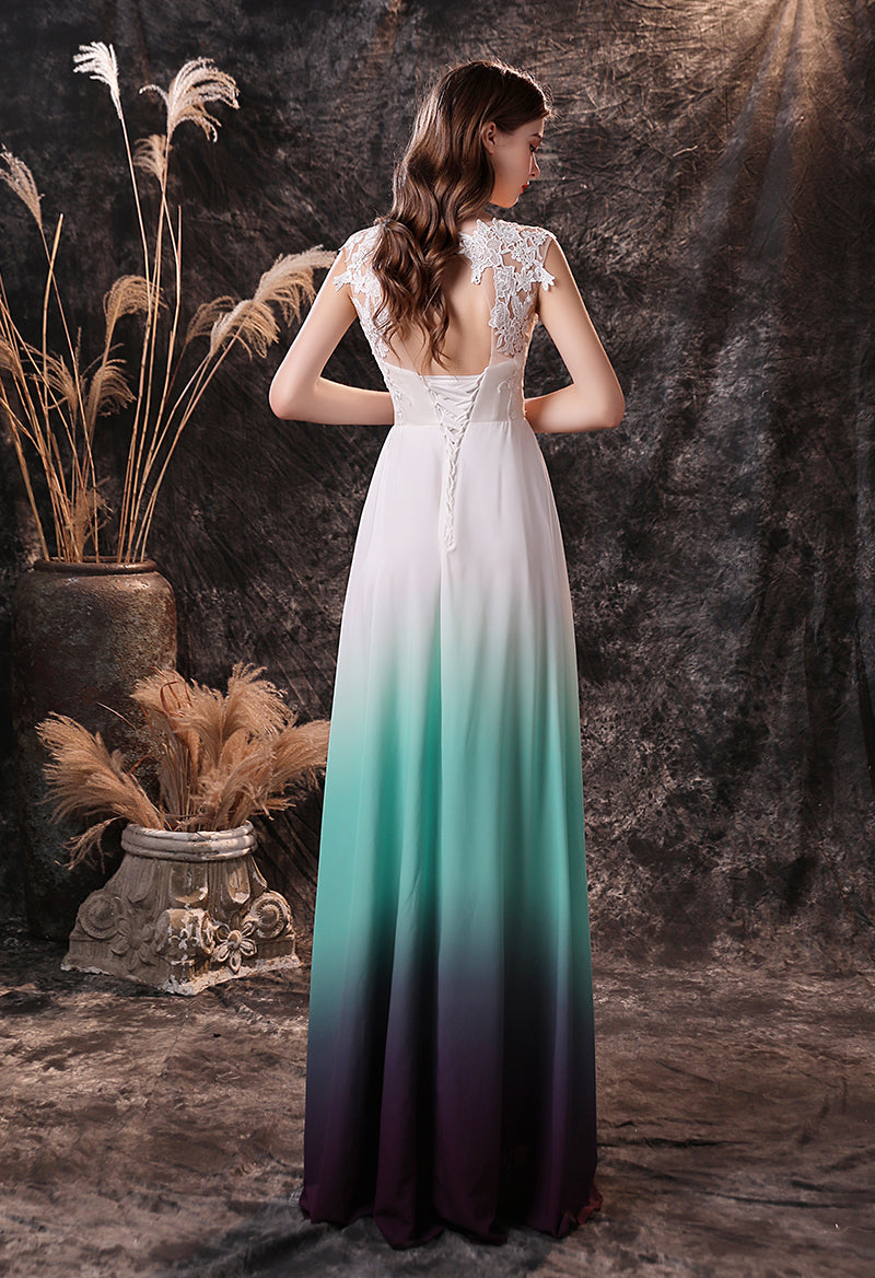 Lace Tie-Dye Sleeveless Jewel Neck Key Hole Prom Dress