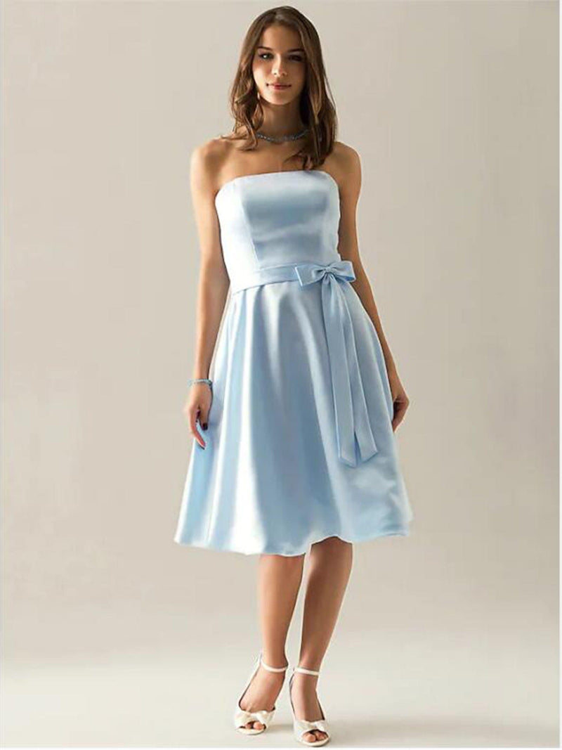 Knee Length Satin Bridesmaid Dress Strapless with Sash Bows