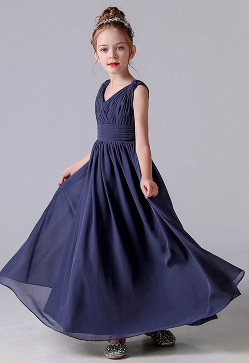 V Neck Chiffon Pleated Open Back Flower Girl Dress