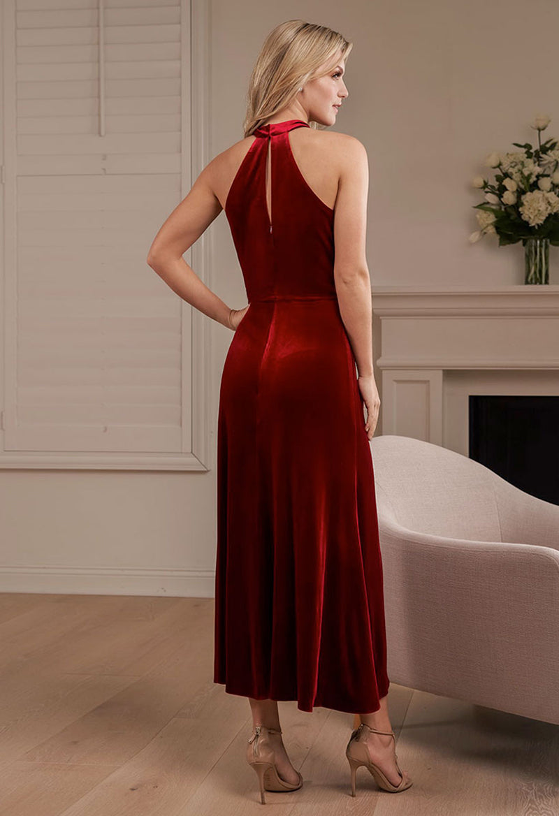 Sleeveless Halter Neck Velvet Bridesmaid Dress