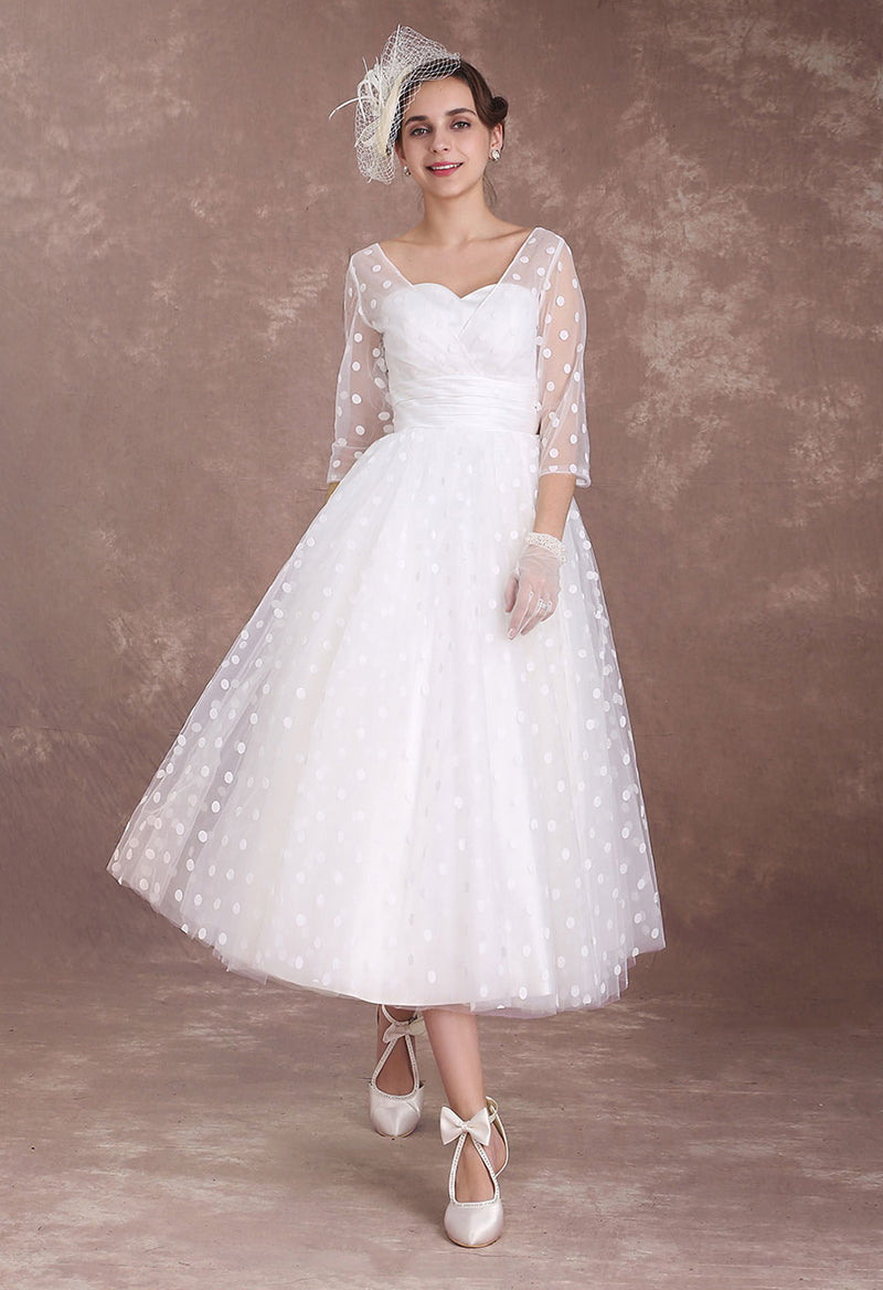 Bow Polka Dot Three Quarter Sleeve Key Hole Jeweled Neck Wedding Dress