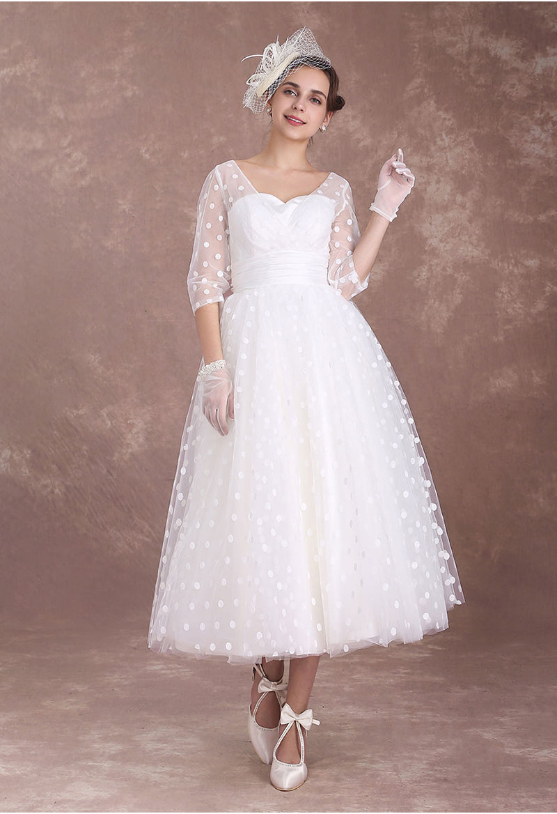 Bow Polka Dot Three Quarter Sleeve Key Hole Jeweled Neck Wedding Dress As Picture