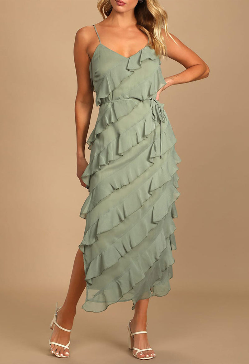 V Neck Ruffled Split Bridesmaid Dress As Picture