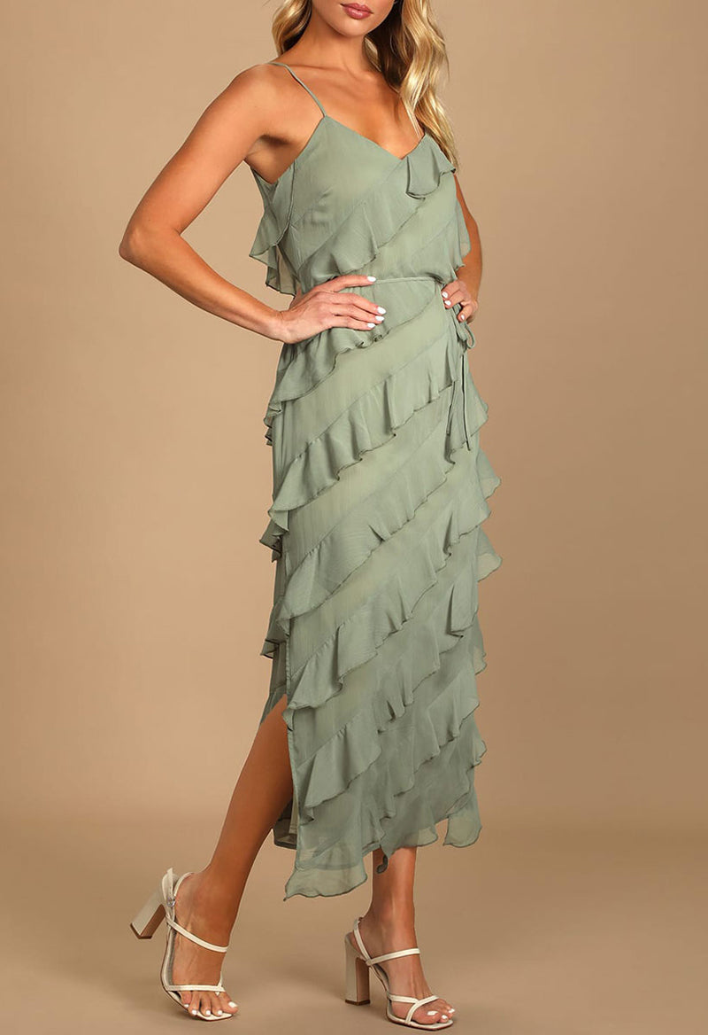 V Neck Ruffled Split Bridesmaid Dress