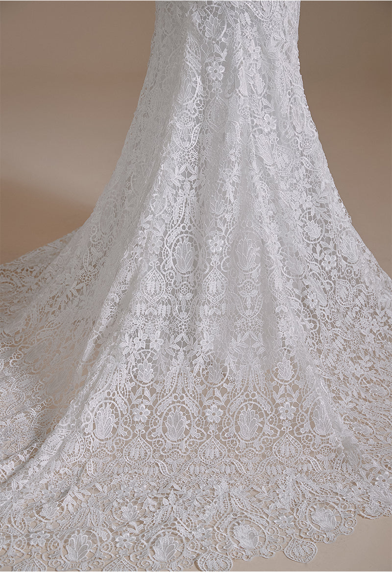 Sweetheart Neck Detachable Sleeves Lace Sweep Train Backless Wedding Dress