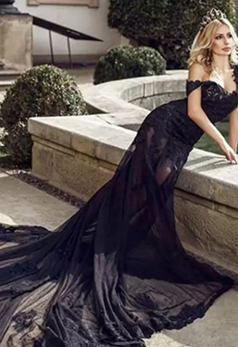 Sexy See -Through Lace Key Hole V-Neck Wedding Dress Black