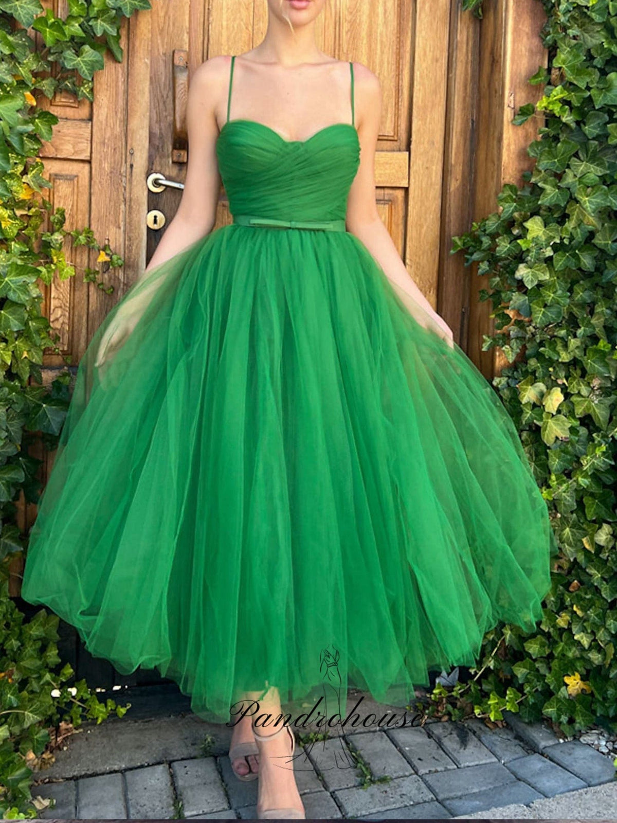 Tea Length Pleated Puff Open Back Prom Dress As Picture