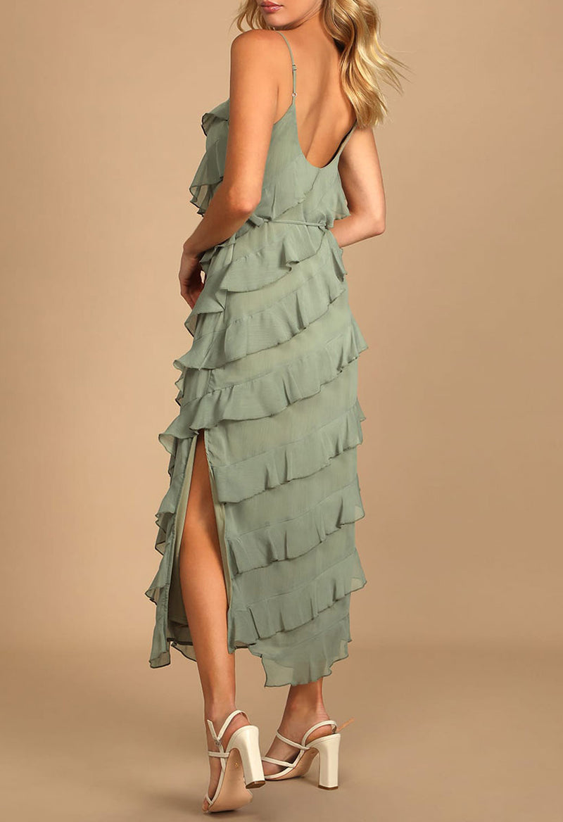 V Neck Ruffled Split Bridesmaid Dress