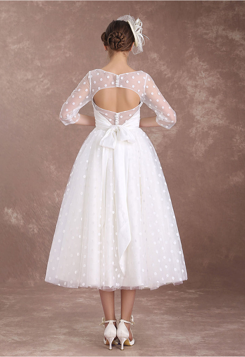 Bow Polka Dot Three Quarter Sleeve Key Hole Jeweled Neck Wedding Dress