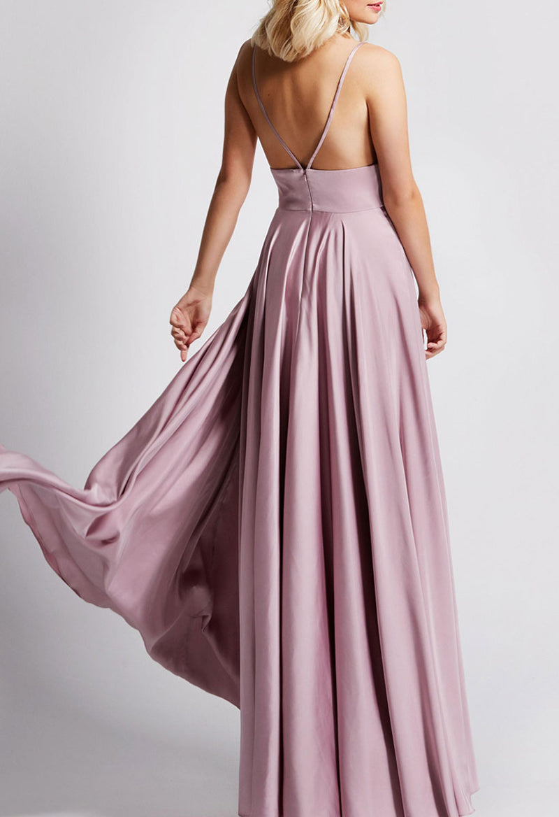 Plain V Neck Satin Split Bridesmaid Dress